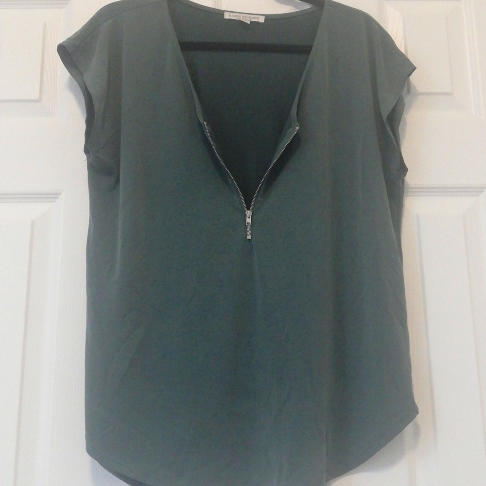 Green Envelope modal and polyester green V neck zip up top